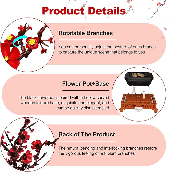 Plum Blossom Building Sets Red Plum Buiding Blocks Artificial Flowers for Table Decor Plants Collection Blocks Kit for Living Room Home Office Christmas &amp Birthday Gifts for Ages 14+ 692PCS