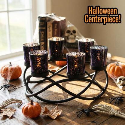Seraphic Centerpieces for Halloween Table Decorations - Round Candle Holders for Outdoor Patio, Dining, Kitchen, Coffee & Wedding Table Decor, Black Iron Candelabra, 6 Black Glass Votive Tealight Cups