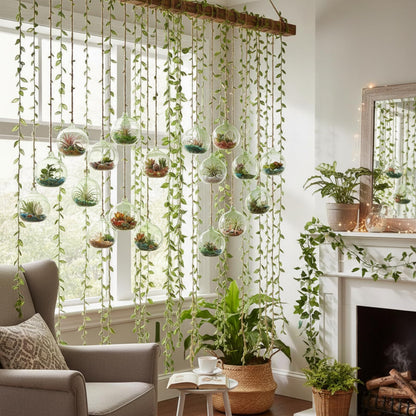 GlikCeil 26 Pcs 3.15'' Hanging Glass Candle Holder with Burlap Leaf Ribbon, Glass Orbs Air Plants Tea Light Candle Holders, Globe Plant Terrariums for Decor Indoor Outdoor Garden DIY (Green)