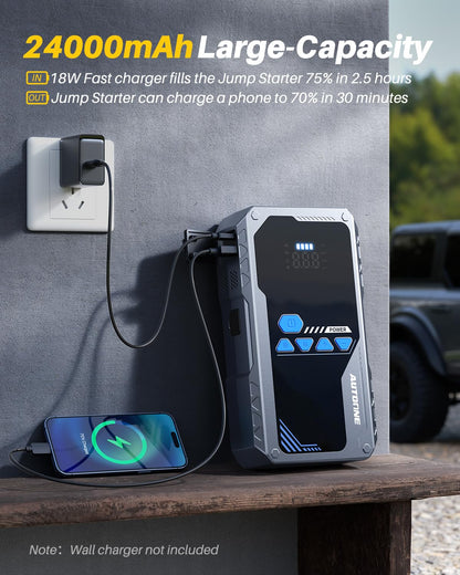 AUTOONE JWA2 Jump Starter with Air Compressor (All Gas/12L Diesel), 150PSI Car Jumper Starter Portable, Jump Box Tire Inflator with LED Flashlight, LCD Display, Storage Case