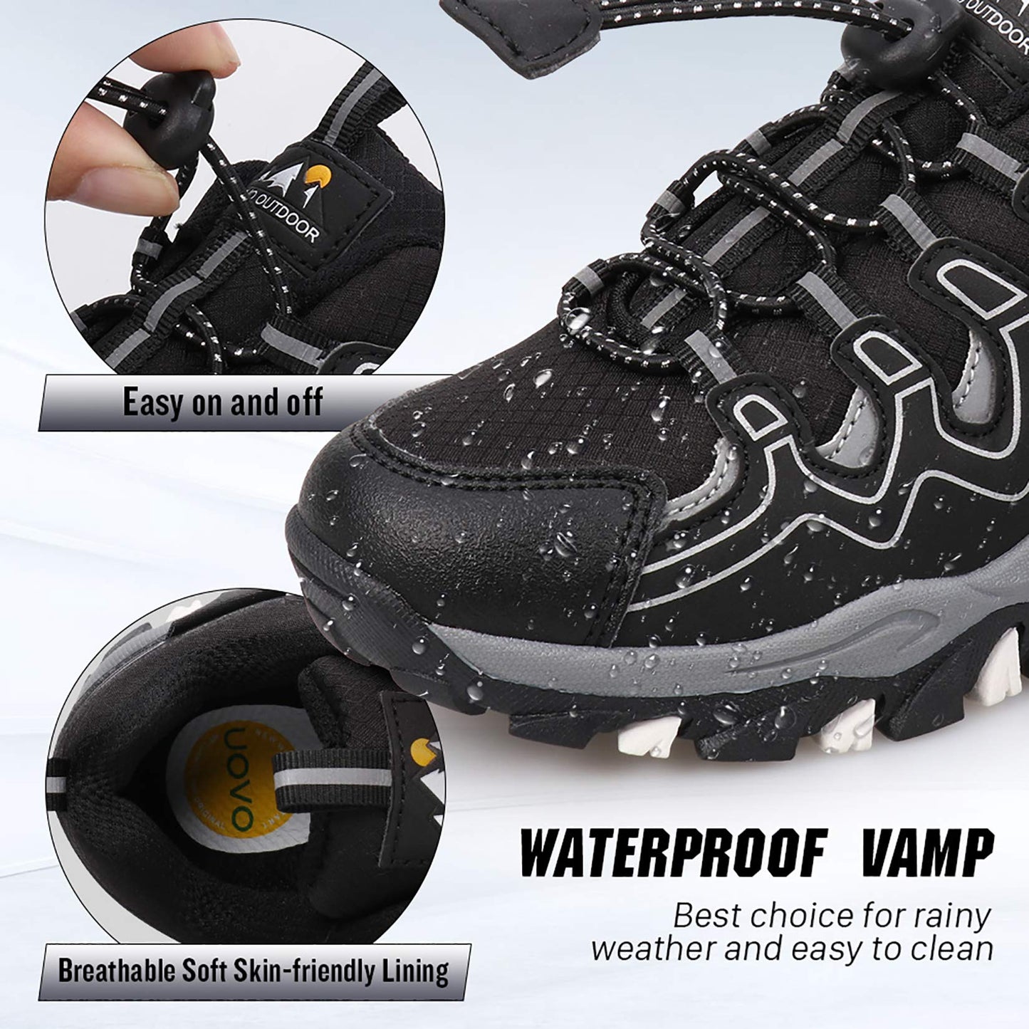 UOVO Boys Shoes Boys Tennis Running Sneakers Waterproof Hiking Shoes Kids Outdoor Fashion Sneakers Slip Resistant (Big/Little Boys) Black/Silver 1 Little Kid