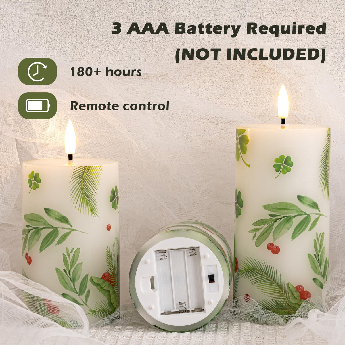 JOIONE Flameless Pillar Candles with Remote, 3 Pack Battery Operated Real Wax Green LED Candles, Perfect for Spring Summer Home Decorations Fireplace Table, Shamrock