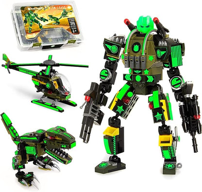 JITTERYGIT Robot Army Buildable Mech Soldier Glow in The Dark Gift Toy Set Helicopter Military Creative STEM Project Dinosaur Building Bricks Kit for Kids Ages 6-11 Years Old