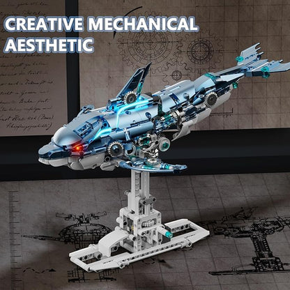 888-PCS Mechanical Blue Dolphin Building Set with LED Light Movable Linkage Gears Display Stand - Ocean Building Block Toy for Adults Teens Kids Age 12+