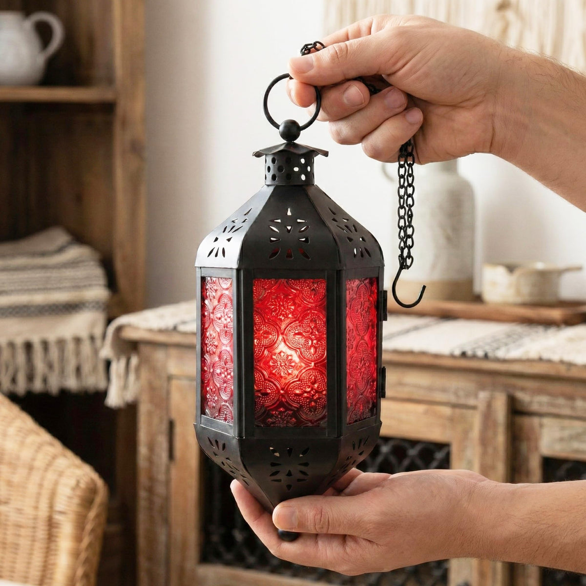 Vela Lanterns Hanging Moroccan Lamp - Exotic Decorative Patio & Porch Decor, Indoor Outdoor Tea Light Candle Lantern Holder with Chain (11" Medium, Red Glass, 2-Pack)