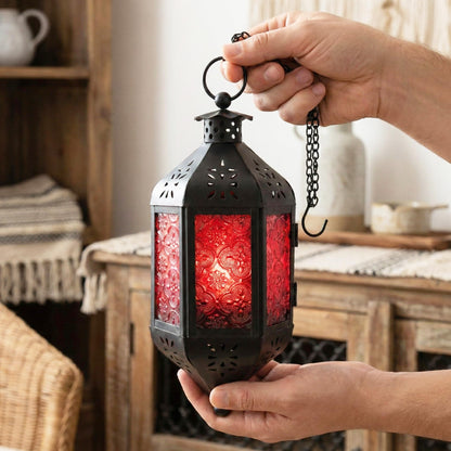Vela Lanterns Hanging Moroccan Lamp - Exotic Decorative Patio & Porch Decor, Indoor Outdoor Tea Light Candle Lantern Holder with Chain (11" Medium, Red Glass, 2-Pack)
