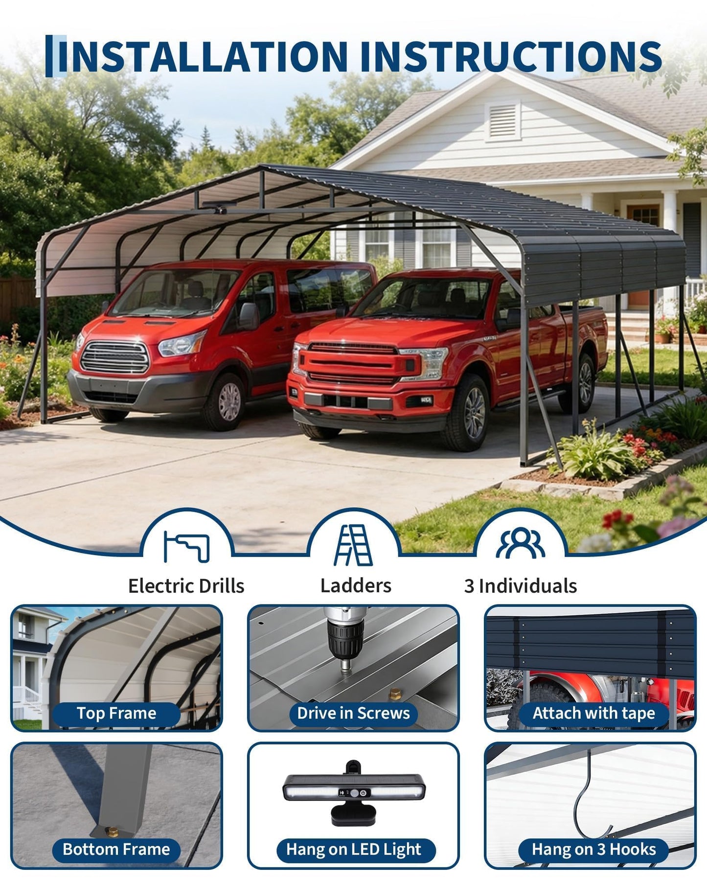 Garvee 20x25ft Heavy Duty Metal Carport, 2-Car Carport Kit with Solar Lights, 500 Sq. Ft. RV Boat Trailer Steel Garage Shelter