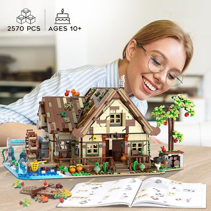 Wood Cabin Building Set with Light 2570 PCS Wooden Forest House Mini Building Block Toy with Waterwheel Pond Animals Big House Construction Model for Adults Teens Kids Boys Girls 10-12+