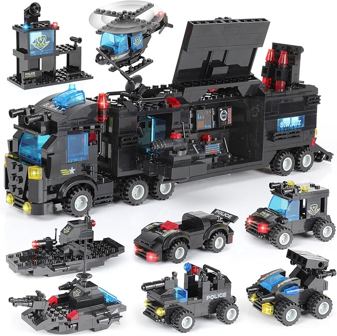 1110 PCS SWAT City Police Set Cop Car Building Set with Helicopter Boat Police Station Mobile Command Center Truck Toys in 25 Different Models Gifts for 6 Plus Year Old Kids Boys