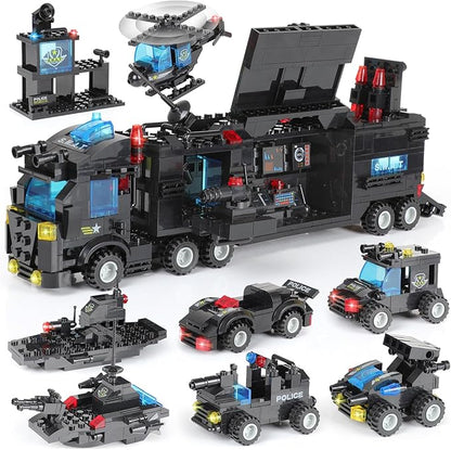1110 PCS SWAT City Police Set Cop Car Building Set with Helicopter Boat Police Station Mobile Command Center Truck Toys in 25 Different Models Gifts for 6 Plus Year Old Kids Boys