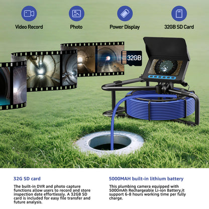 Sewer Camera 100FT/30M, Drain Camera with Light, Plumbing Snake Cam with DVR Pipe Video Inspection,5" Color HD Duct Chimney Sewer Inspection Cam for Sewer Line, Drain, Duct, Plumbing