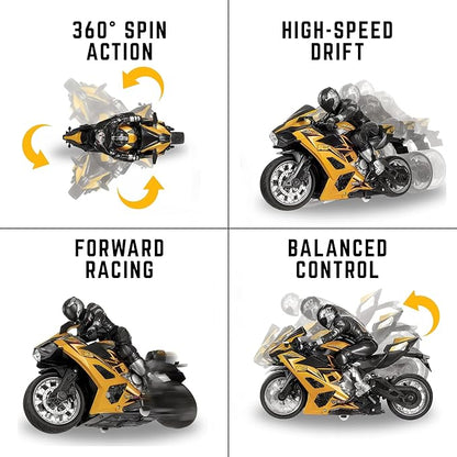 Liberty Imports 2.4G RC Remote Control Stunt Motorcycle with Riding Figure 1:10 Scale High Speed Cross Country 360 Degree Rotation Drift Shockproof Racing Motorbike (Yellow)