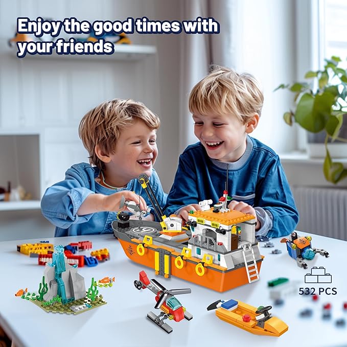 City Ocean Explorer Ship Building Set Exploration Boat Set Toy Building Block with LED Lights Helicopter Submarine and Shark Cage Birthday Gifts for 6 8 10 12 Years Old Boys Kids Girls