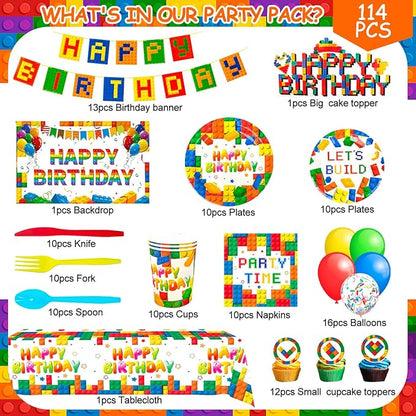 Building Blocks Birthday Party Supplies 10 Guests Building Blocks Tableware Set Building Blocks Party Plates Napkins Backdrop Balloons etc Building Block Party Decorations