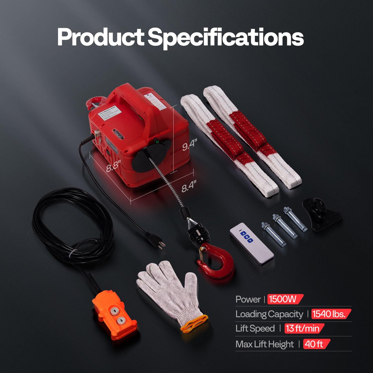 VIVOHOME 3-in-1 Electric Hoist Winch 1540lbs, 110V Portable Power Winch Crane with Wire and Wireless Remote Control, 40ft Lifting Height for Towing, Overload Protection for Garage, Factory, Warehouse