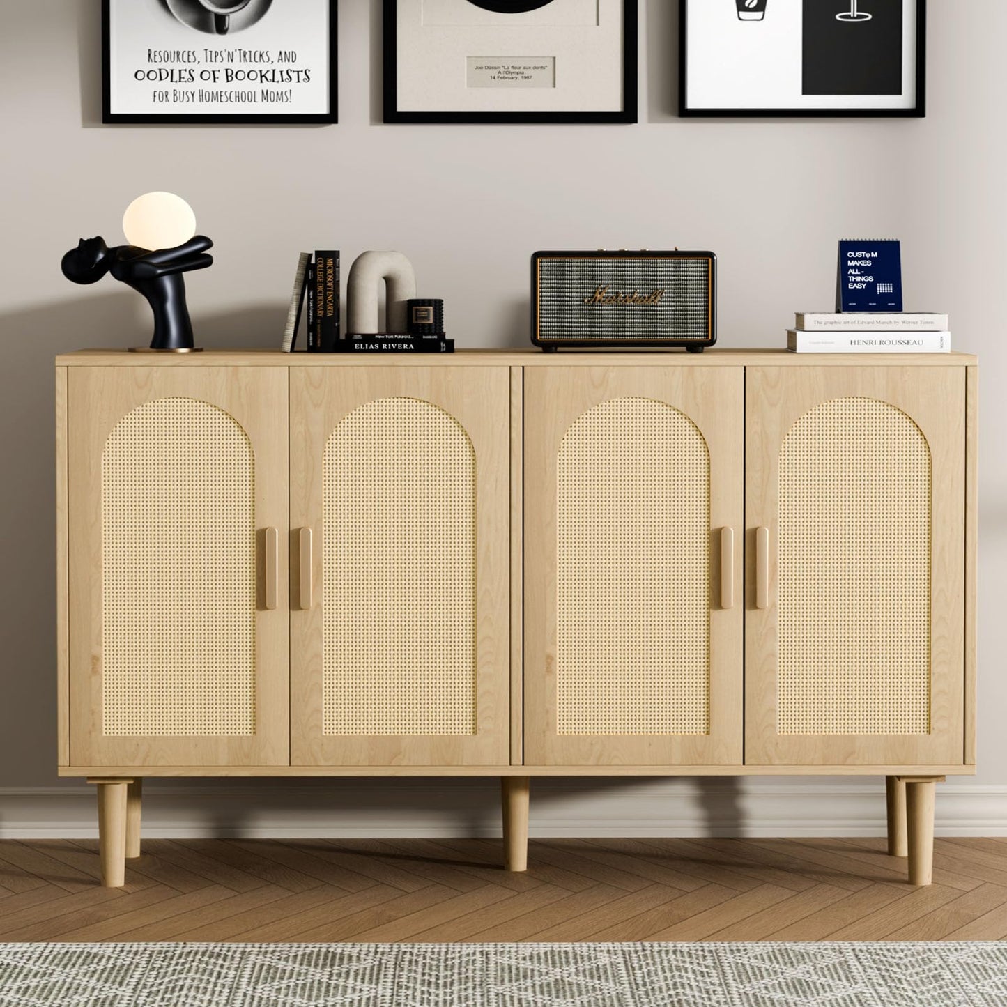 Sideboard Buffet Cabinet with Storage, Retro Rattan Storage Cabinet Kitchen Sideboard Buffet with Artistic Carved Handle for Dining Room Living Room, (Oak)