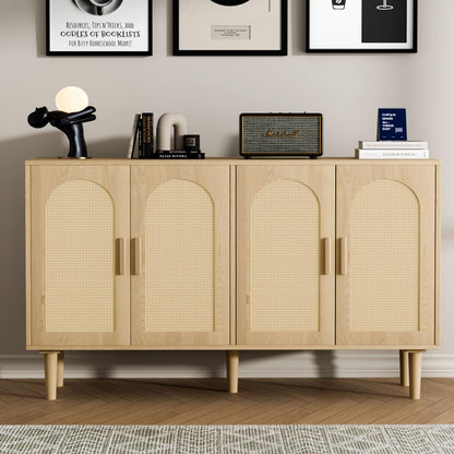 Sideboard Buffet Cabinet with Storage, Retro Rattan Storage Cabinet Kitchen Sideboard Buffet with Artistic Carved Handle for Dining Room Living Room, (Oak)