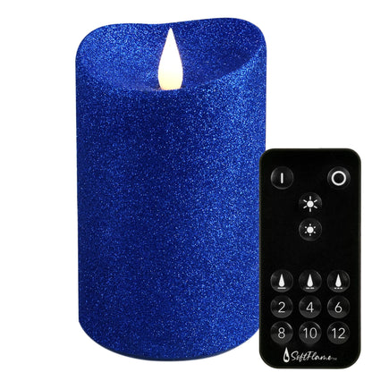 Softflame Real Wax Flameless LED Candles with Remote Control, 3"x 5"Flickering 3D Moving Flame Battery Operated Candles for Indoor Use, Home Decor Glitter Blue