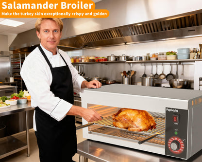 Popfoodex Salamander Broiler, 1500W Electric Cheese Melter w/ 550°F Heating and Stainless Steal Body, Commercial Broiler w/Removable Crumb Tray, Salamander Grill For Pizza, Grill Steaks, Sandwiches