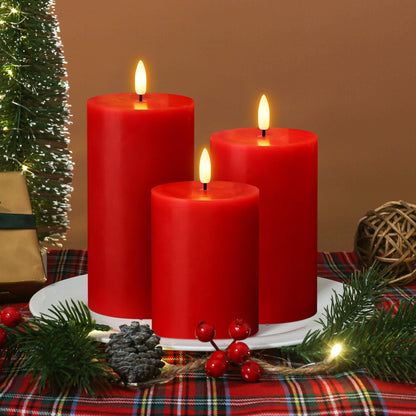 JOIONE Flameless Pillar Candles with Remote, 3 Pack Battery Operated Real Wax LED Candles, Perfect for Home Decorations Fireplace Table, Red