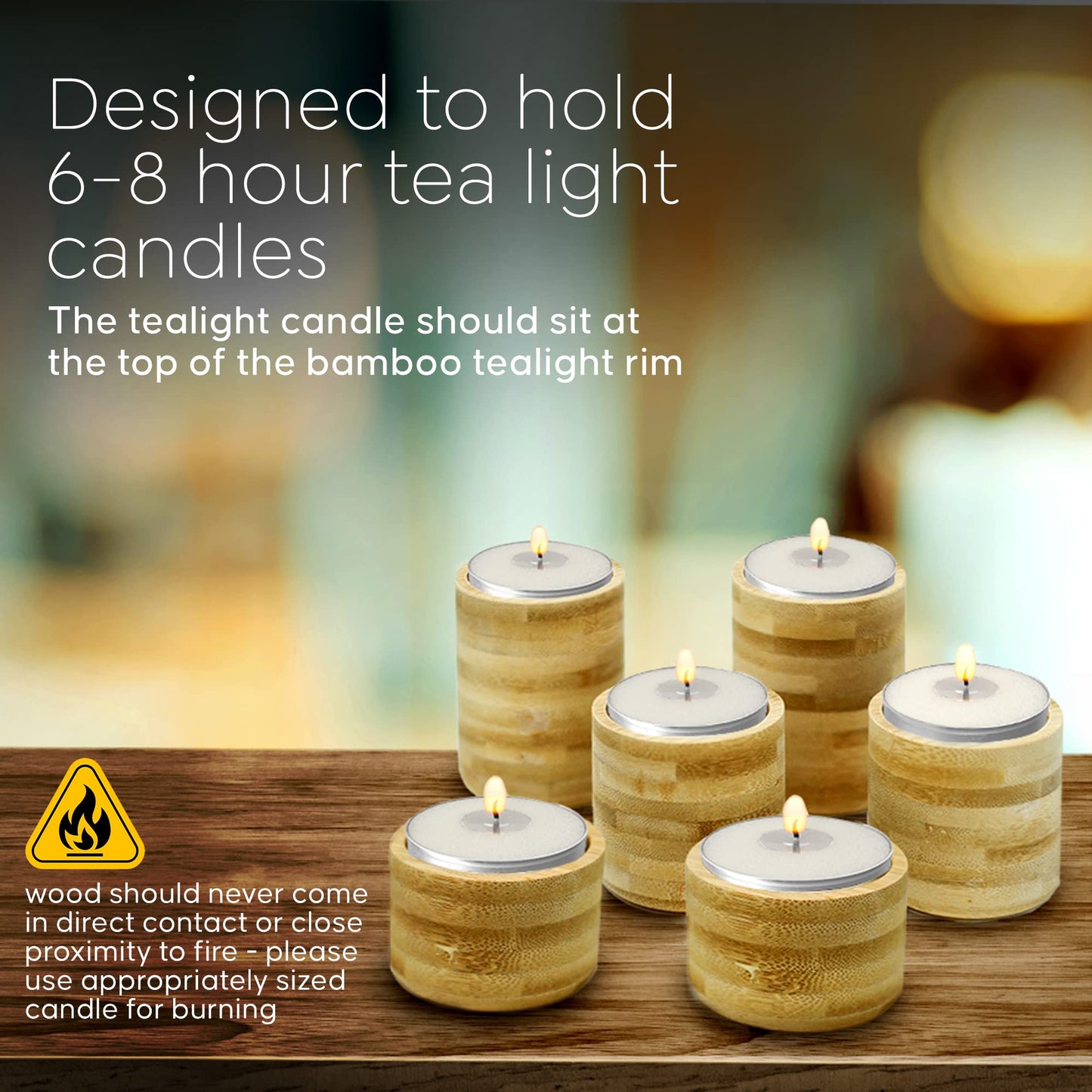 Bamboo Wood Tealight Candle Holder, Rustic Centrepieces, Wedding Wood Centerpieces, 6-Pack Wooden Candle Holders, 1.5, 2.25, & 3-Inch-Tall Table Wooden Tea Light Holders - Cedar and Ink