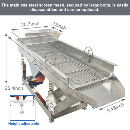TECHTONGDA Straight Vibrating Sieve Screen Shaker Electric Linear Sifter Machine Stainless Steel One Layer Two Motor 10mm Round Hole Screen Size 40 * 13.8inch