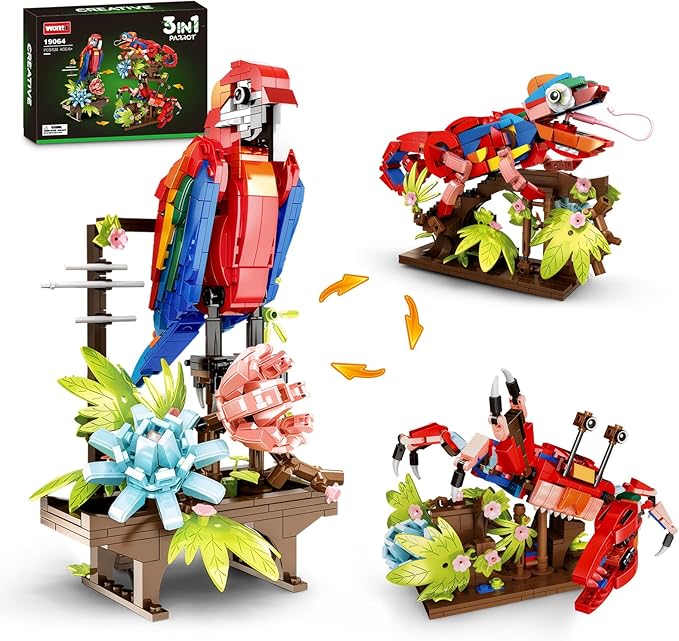 3 in 1 Animals Parrot Chameleon Crab Building Block Set Flowers Botanical Animal Building Toy Compatible with Lego Creative Construction Gift for Adults Kids Boys Girls 6+(538PCS)