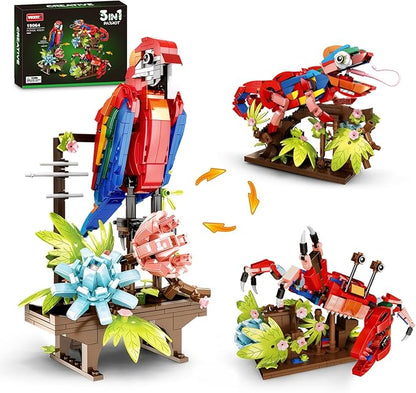 3 in 1 Animals Parrot Chameleon Crab Building Block Set Flowers Botanical Animal Building Toy Compatible with Lego Creative Construction Gift for Adults Kids Boys Girls 6+(538PCS)