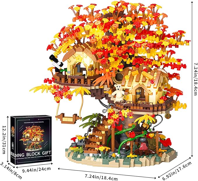 Cherry Blossom Bonsai Tree House Building Blocks Set with Acrylic Display Box Plants Flowers Treehouse Architecture Micro Mini Block Kits Gift for Adults（2725 Pieces