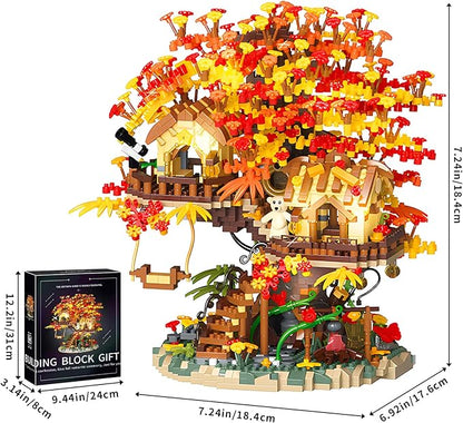 Cherry Blossom Bonsai Tree House Building Blocks Set with Acrylic Display Box Plants Flowers Treehouse Architecture Micro Mini Block Kits Gift for Adults（2725 Pieces