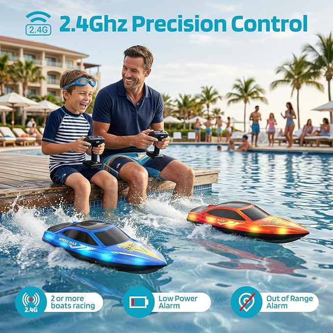Remote Control Boat for Kids RC Boat for Pool Lake River and Pond with LED Lights Self-Righting Waterproof Fast Speed Racing Electric Boats 2 Speed Modes 60mins Rechargeable Batteries