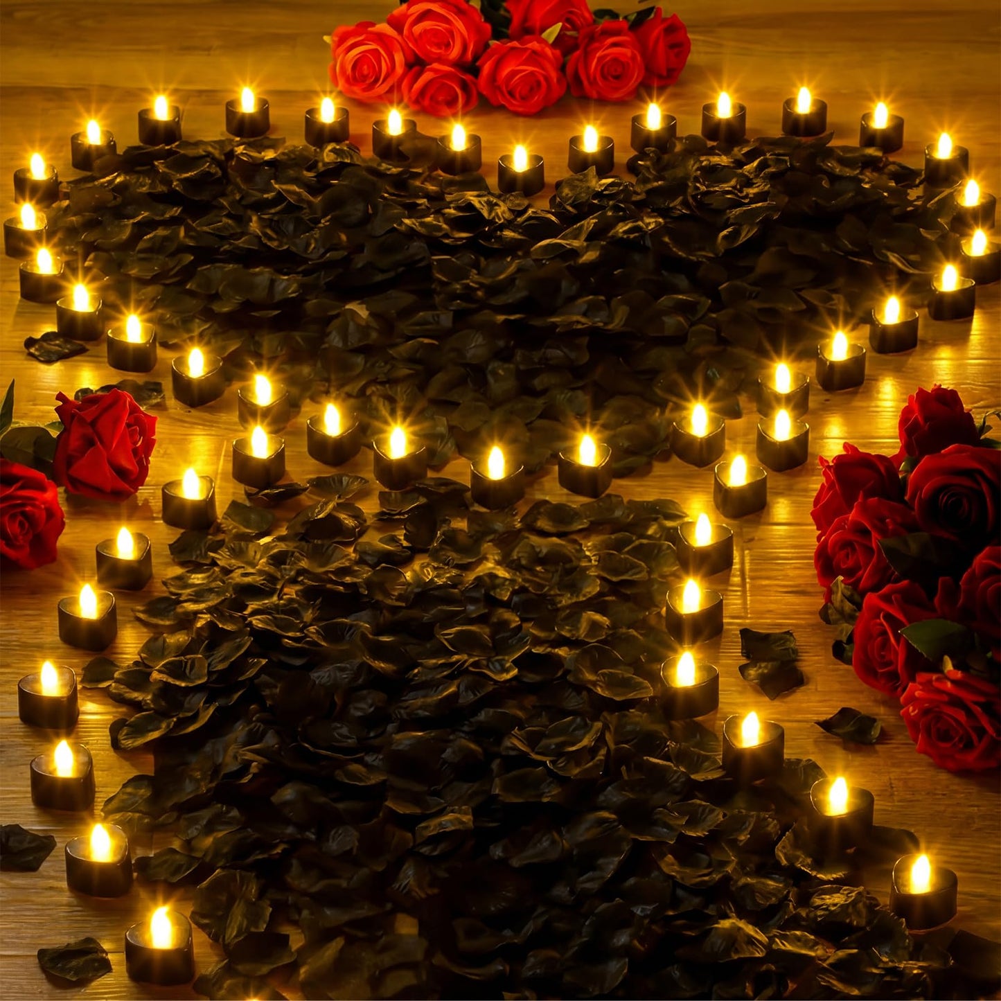 Coume 6000 Pieces Artificial Rose Petal 72 Pieces LED Tealights Candle, Romantic Decorations Special Night Rose Petal Heart Candle for Valentines Wedding Anniversary Proposal Decor(Balck)