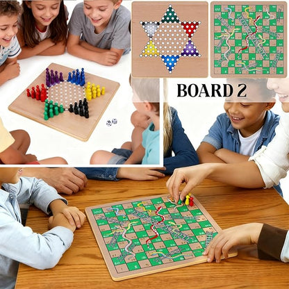 Glintoper 5-in-1 Wooden Board Game with 2 Reversible Boards for Chess Checkers Chinese Checkers Snakes and Ladders Tic Tac Toe Tabletop Combo Classic Portable Board Games for Kids to Adult