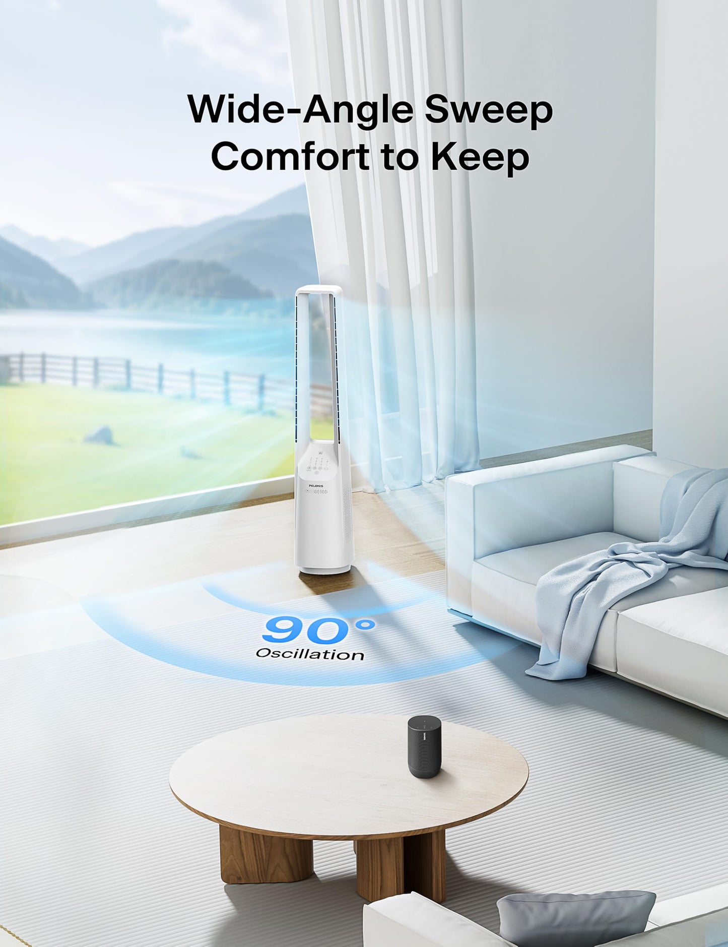PELONIS Bladeless Tower Fan with 26-33ft Powerful Airflow, Alexa and Google Compatible, 6-Speed Settings, Quiet DC Motor, 120° Oscillation, 7-Hour Timer - Ideal for for Bedroom Home Office Use,White
