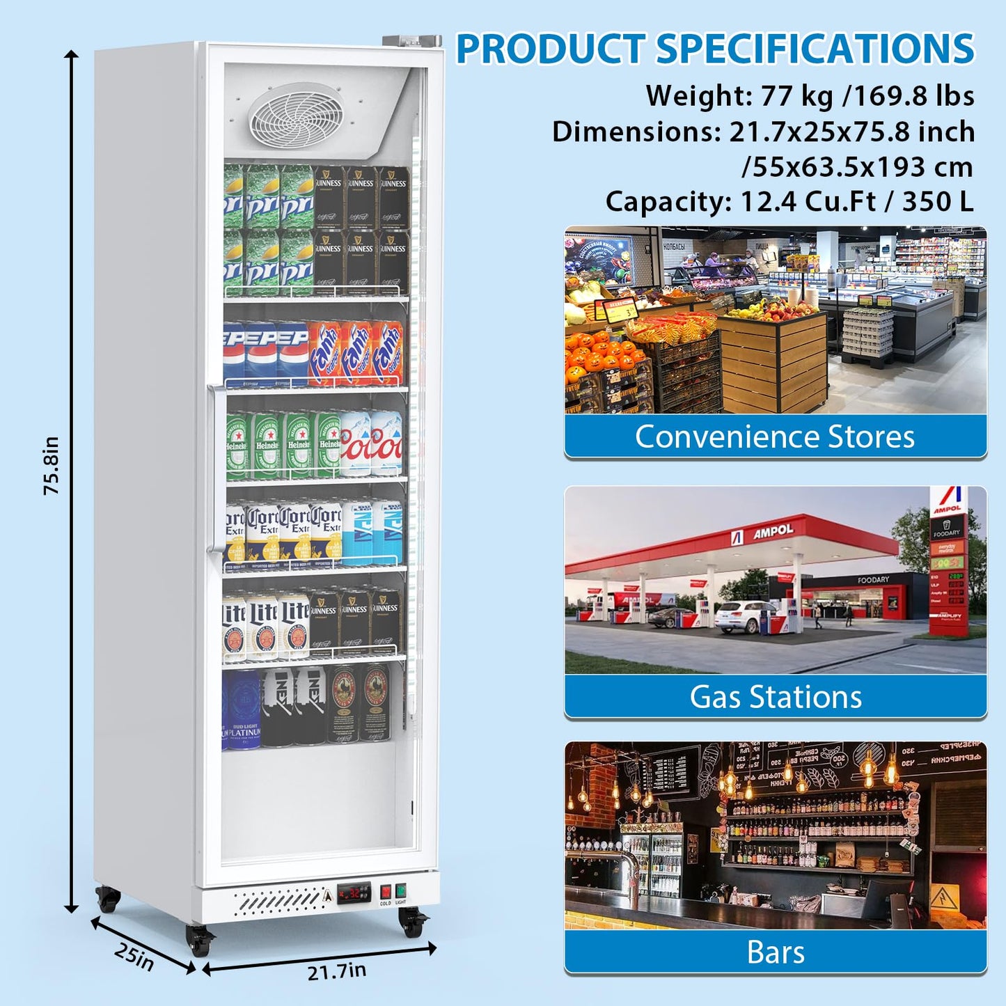 PeakPursuit Commercial Display Refrigerator, 12.4 Cu.Ft. Beverage Refrigerator Glass Door Beverage Cooler, Upright Merchandiser Cooler Display Fridge With LED Light and Adjustable Shelves
