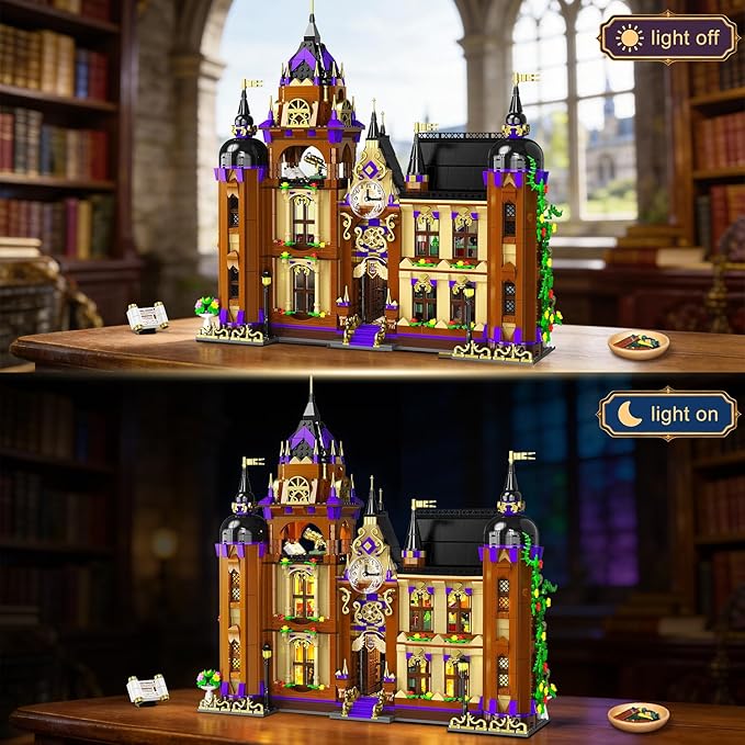 Magic School Building Set with Light Easter 3 Style Modes Big Castle House Construction Model with Potion Shop 1960 PCS Clock Tower Home Decor Building Blocks Gift for Adults Boys Girls 12+