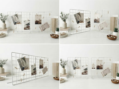 JAJAGOU Foldable Desktop Photo Display Rack & Grid Display Board with 20 Wooden Clips – Photo, Accessory & Handcraft Display Organizer for Home Office White