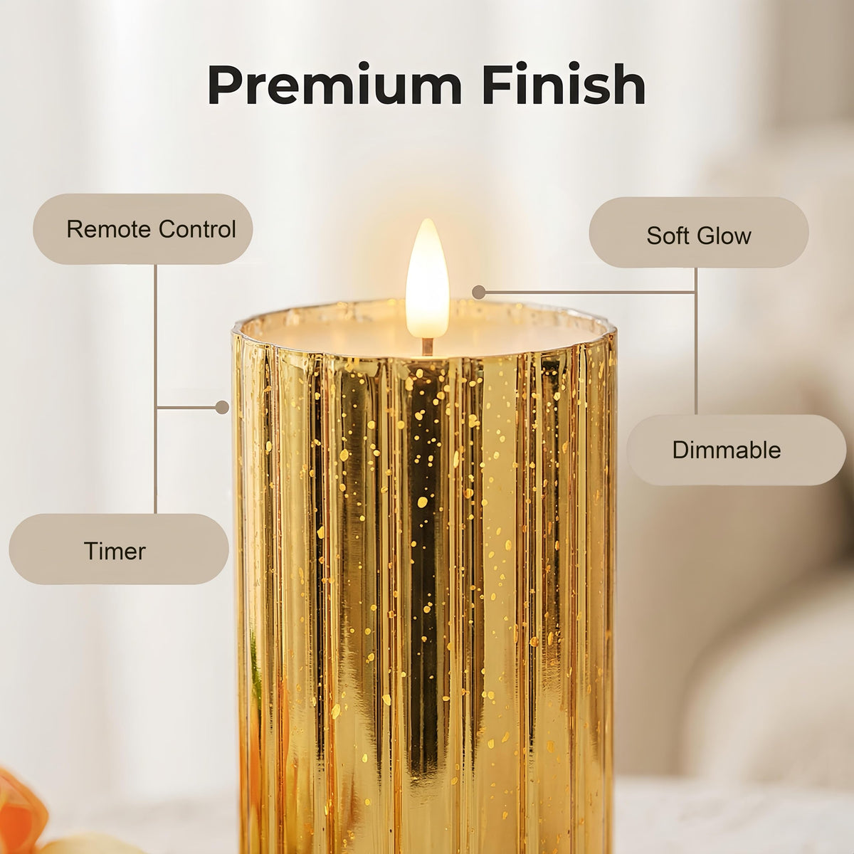 volnyus Gold Glass Flameless Candles Set - 3 Pack(Φ 3" H 4" 5" 6") with Remote,Battery Operated Flickering LED Pillar Candles,Starscape LED Night Lights for Christmas,Home Decor