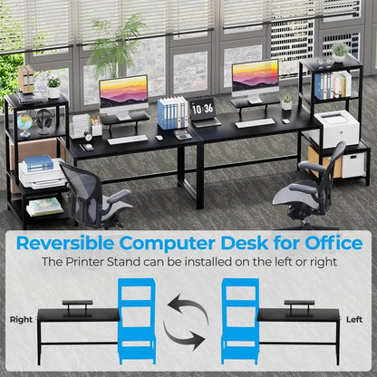 GreenForest Computer Desk 67 inch with Printer Shelf, Reversible Office Desk with Monitor Stand and 2 Hooks, Home Desk Workstation for Study Writing Working Gaming, Black