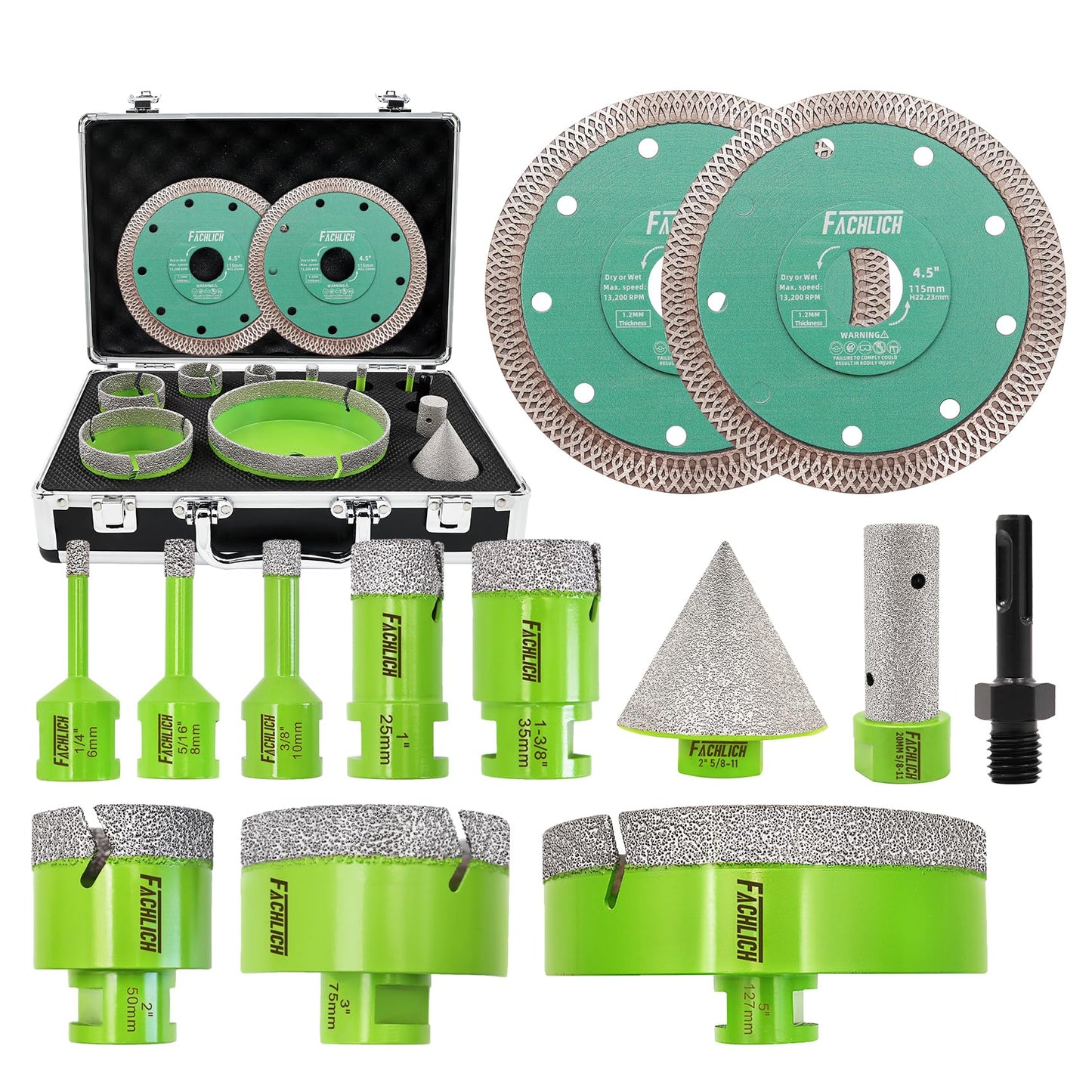 FACHLICH Tile Hole Saw Kit Diamond - (6/8/10/25/35/50/75/127mm Drill Bits+Finger Bit+Chamfer Bit+Adapter+Tile Blade) Diamond Hole Saw Kit for Porcelain Ceramic Marble Brick Granite,5/8"-11 Thread