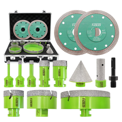 FACHLICH Tile Hole Saw Kit Diamond - (6/8/10/25/35/50/75/127mm Drill Bits+Finger Bit+Chamfer Bit+Adapter+Tile Blade) Diamond Hole Saw Kit for Porcelain Ceramic Marble Brick Granite,5/8"-11 Thread