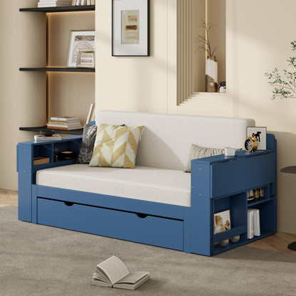 Merax Full Size Daybed with Removable Desk, Storage Drawers & Hydraulic Side Table, Blue