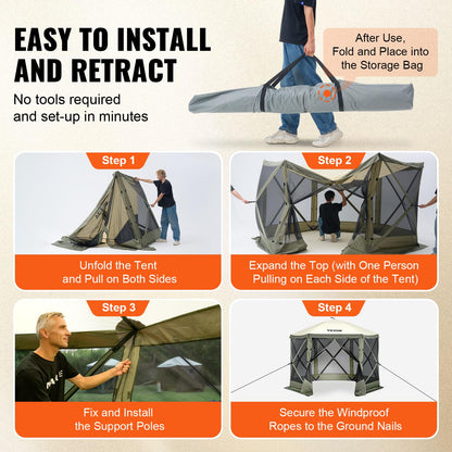 VEVOR Pop Up Gazebo Screen Tent 6 Sided Canopy Sun Shelter with 6 Removable Privacy Wind Cloths & Mesh Windows, 10x10FT Quick Set Screen Tent with Mosquito Netting, Army Green