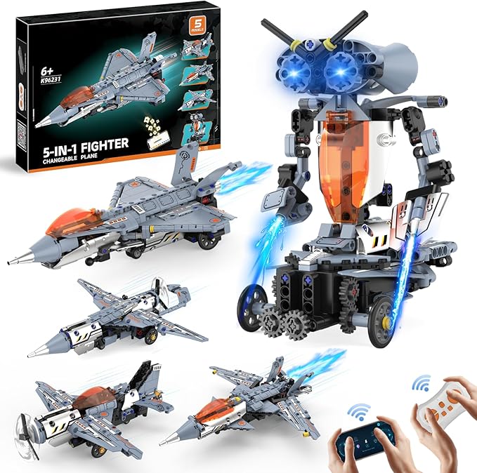 5 in 1 STEM RC Robot Building Kit Fighter Jet Airplane Building Set with APP &amp 2.4GHz Remote Control Technic Transformable Fighter Plane Toys for Kids Boys Age 6 7 8 9 10 11 12+ Birthday Gifts