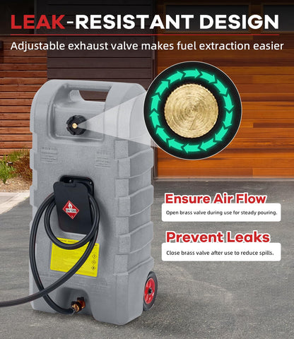Garvee 15 gal Gas Can, Heavy-Duty Gas Tank and Fuel Caddy with Manual Fuel Transfer Pump, Portable Fuel Tank on Wheels with 10 ft Hose for Lawn Mowers, Cars, Boats, ATVs, Home and Farm Use, Grey