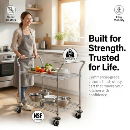 Finnhomy 2-Tier Commercial Grade Rolling Cart, Heavy Duty Utility Cart, Carts with Wheels and Handles, Kitchen Cart on Wheels, Metal Serving Cart with 500 lbs Capacity, Shelf Size 20" D x 36" W, NSF