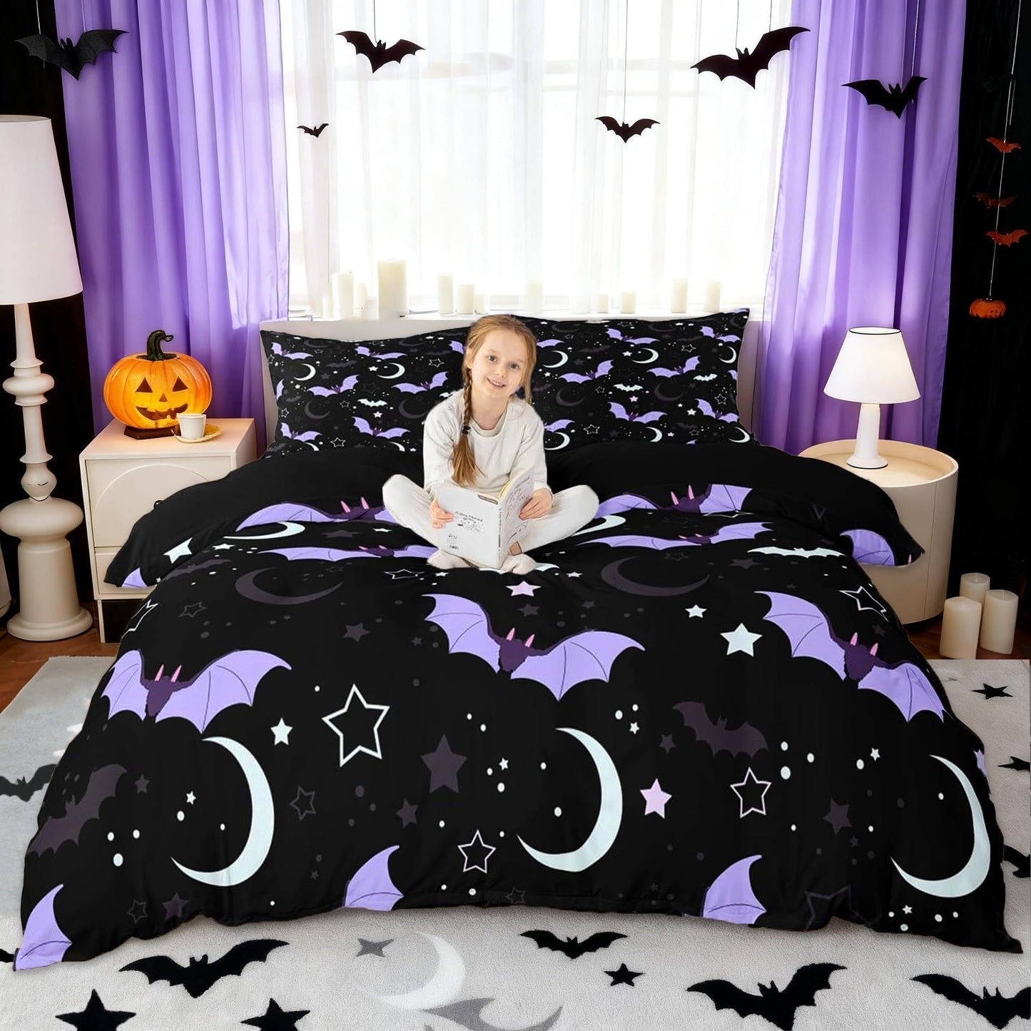 Halloween Bat Duvet Cover Set King Size Cute Moon Starry Night Sky Bedding Set 3Pcs Purple Black White Comforter Cover for Kids Girls Boys Room Decor Kawaii Cartoon Animal Quilt Cover,2 Pillowcases