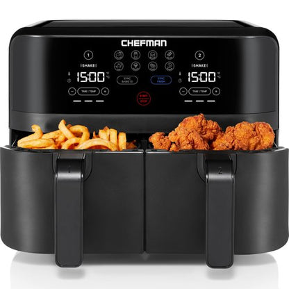 Chefman TurboFry Touch Dual Air Fryer, Maximize The Healthiest Meals With Double Basket Capacity, One-Touch Digital Controls And Shake Reminder For The Perfect Crispy And Low-Calorie Finish