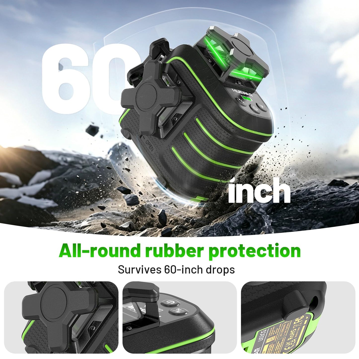 Huepar 360 Laser Level with Tripod, 60-Inch Drop Protection Self-Leveling Green Lazer Leveler Tool for Picture Hanging, Pulse Mode Adjustable Brightness, Hard Case, Green Glasses & Target Plate