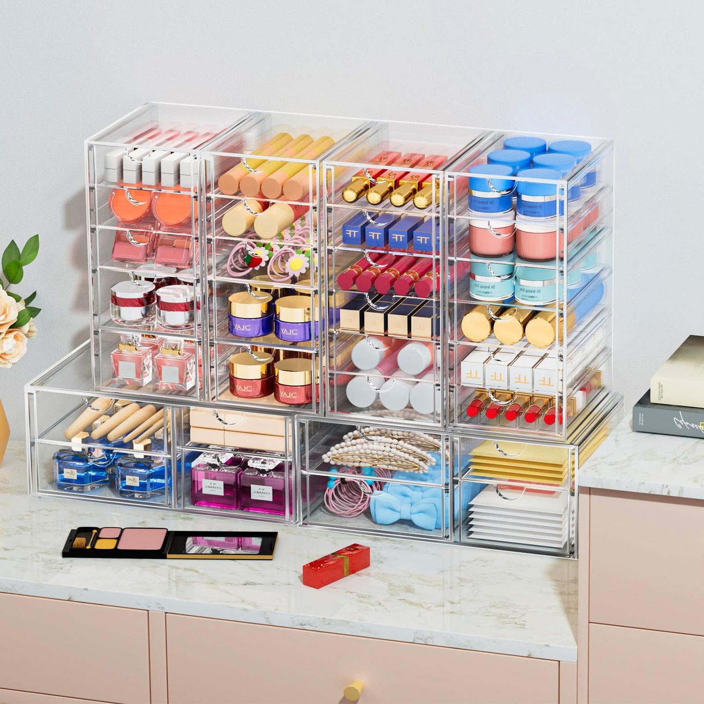 2 Pack Desk Organizers, Makeup Organizer Storage With 7 Drawers, Desktop Office Supplies, Clear Desk Accessories, Dustproof Drawer Organizer and Storage for Make Up, Jewelry, Pen, Desktop Stationary